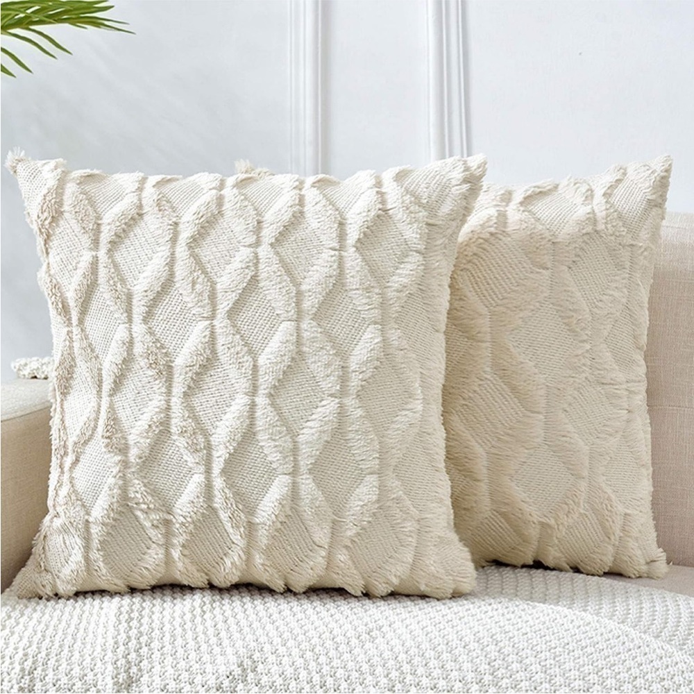 Light Cream Farmhouse Pillow Cover Furry Faux Luxury Soft Warm Pillow Case Set - Picture 1 of 6